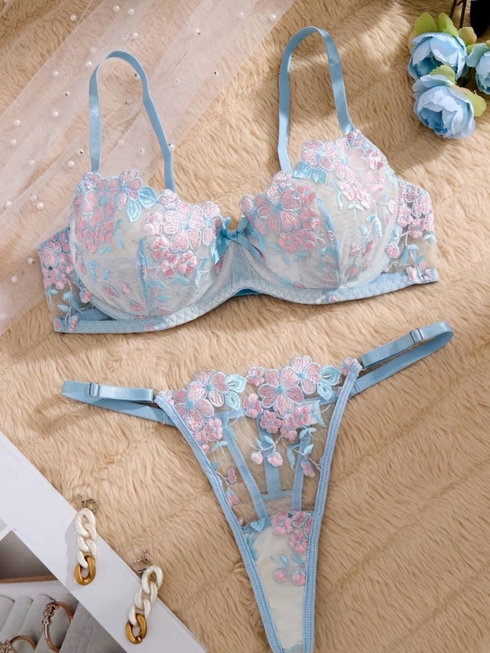 Delicate Blue Floral Embroidered Bra & Thong Set
